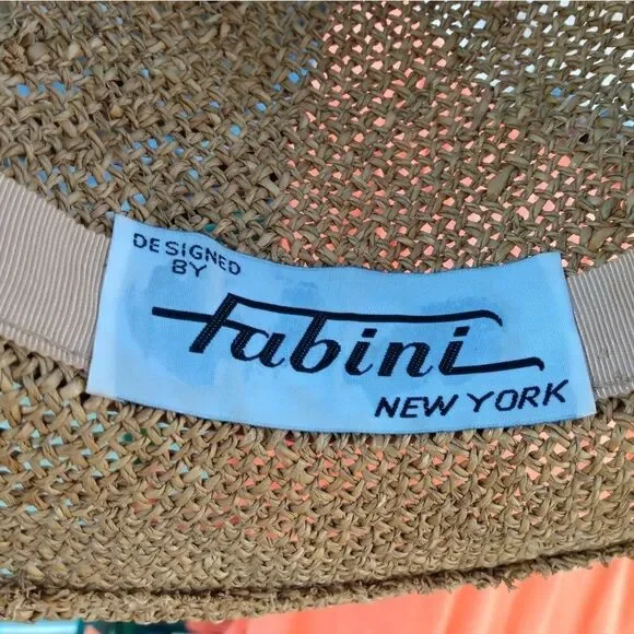 VINTAGE FABINI NY 100% Straw SunHat with Cheetah Print Band & Black Feathers - Picture 3 of 13